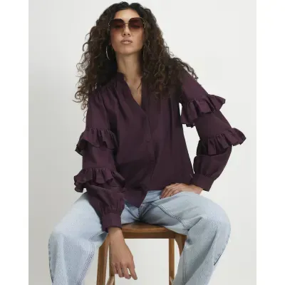 Burgundy Long Sleeve Ruffle Blouse