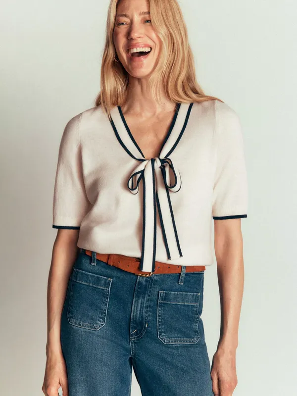 Boden Nautical Wool Rich Bow Neck Short Sleeve Top, Ivory