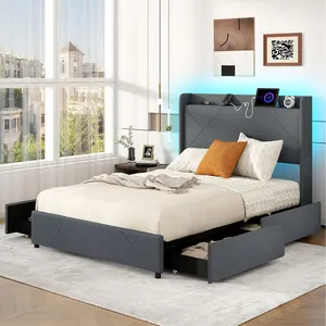 Upholstered Platform Bed with Charging Station - Grey