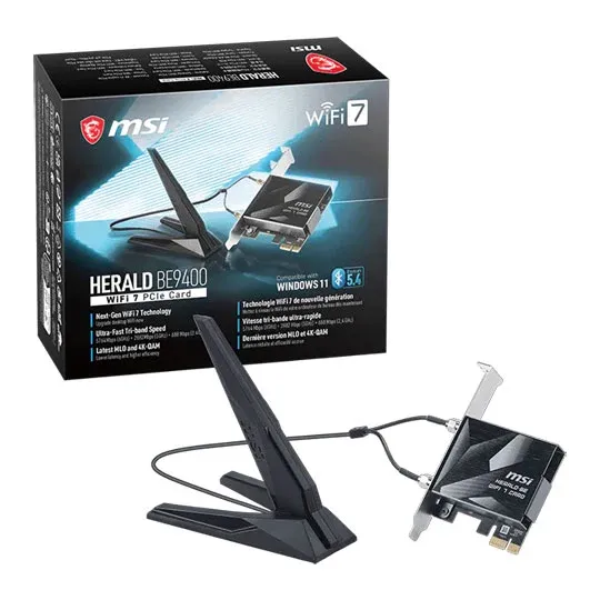 MSI HERALD BE9400 Wi-Fi 7 / Bluetooth Tri-Band PCIe Expansion Card with High-Gain Antenna