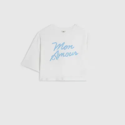 Girls White Diamante Mon Amour T-Shirt