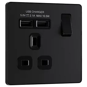 BG Matt Black Single 13A 10W Raised slim Switched Screwless Socket with USB, x2 & Black inserts