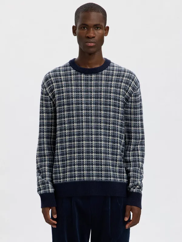 Selected Mikolas Wool Blend Check Crew Neck Jumper
