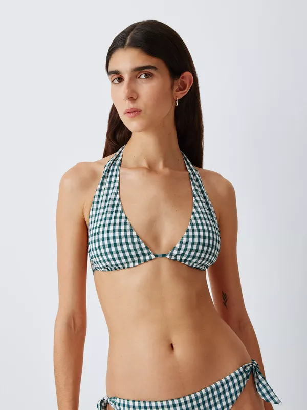 John Lewis Textured Gingham High Apex Bikini Top, Teal