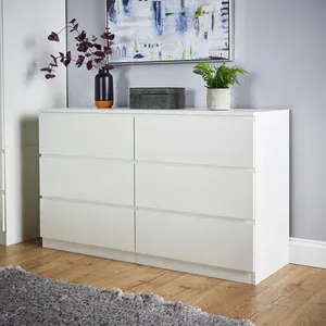 Home Source Lugano 6 Drawer Wide Chest of Drawers High Gloss Drawer Fronts - White