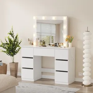 WestWood Dressing Table Large Vanity Desk LED Mirror 7 Drawers Charging Station - White