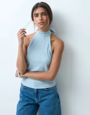 textured halter neck top in light blue