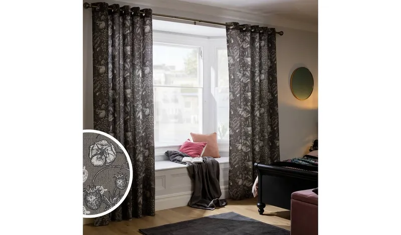 Habitat Berry Forest Print Lined Curtains - Grey
