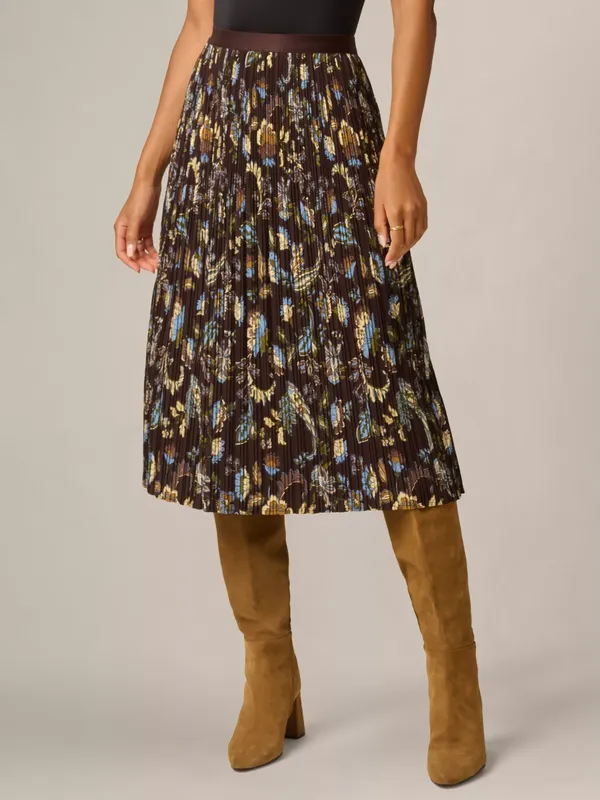 Adrianna Papell Paisley Pleated Midi Skirt, Chocolate Brown