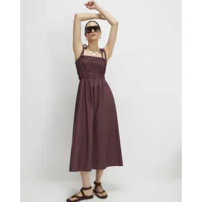 Purple Cotton Shirred Midi Dress