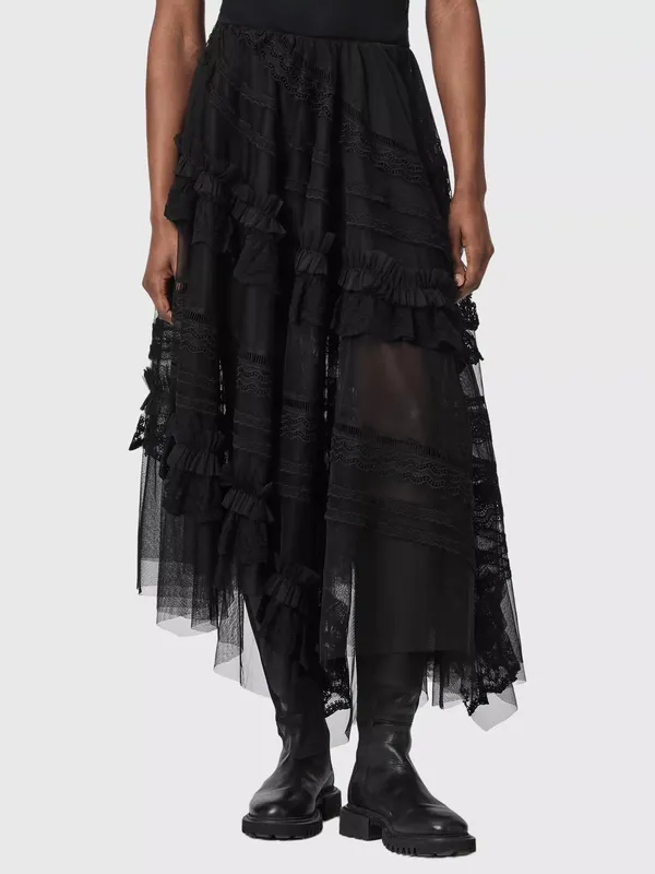 AllSaints Jen Lace Tiered Midi Skirt, Black