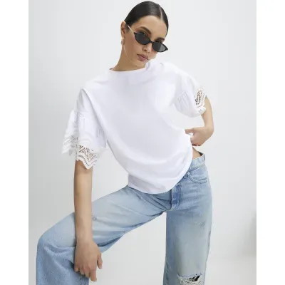 White Cotton Crochet Trim T-Shirt