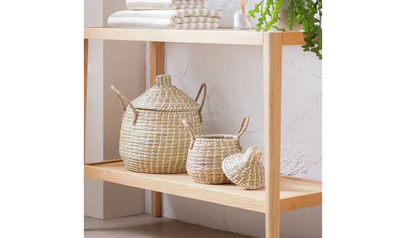Habitat Pack of 2 Seagrass Lidded Round Basket - Natural