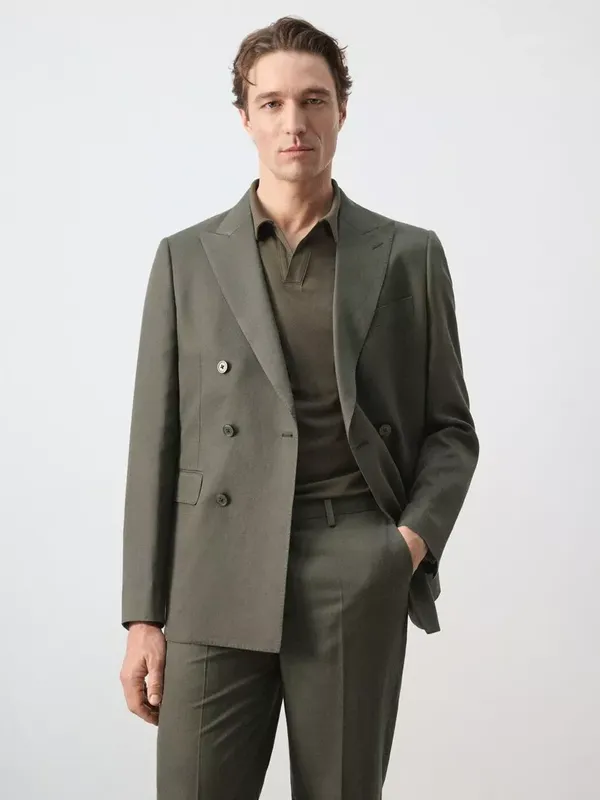 Mango Linen Blend Double Breasted Blazer, Khaki