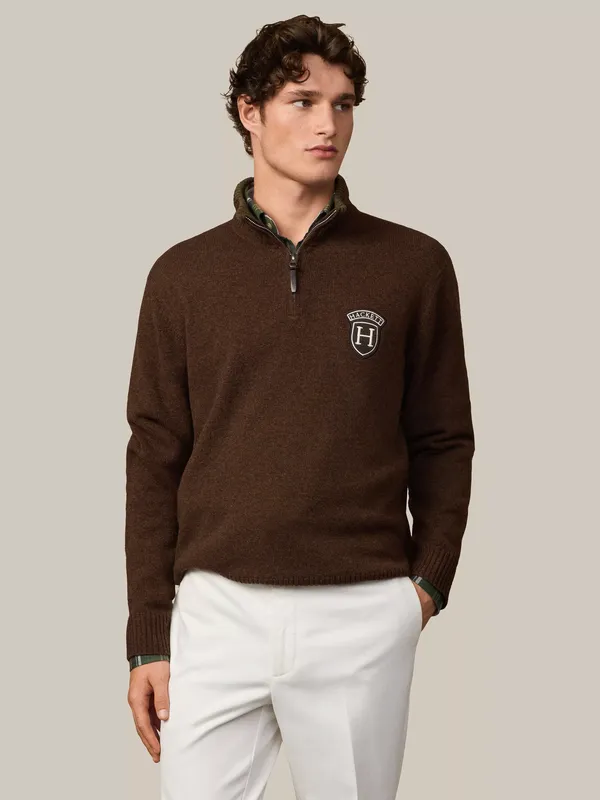 Hackett London Merino Wool Quarter-Zip Jumper, Dark Brown
