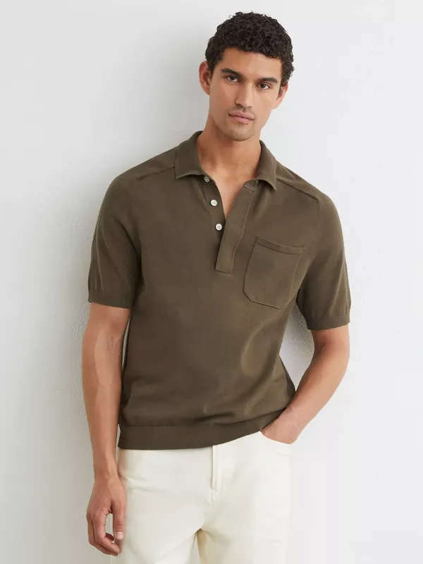Reiss Selkirk Cotton Knit Concealed Placket Short Sleeve Polo Shirt
