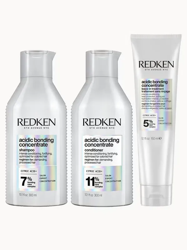 Redken Acidic Bonding Concentrate Shampoo 300ml, Conditioner 300ml and Leave-In Treatment 150ml Bond Repair Bundle