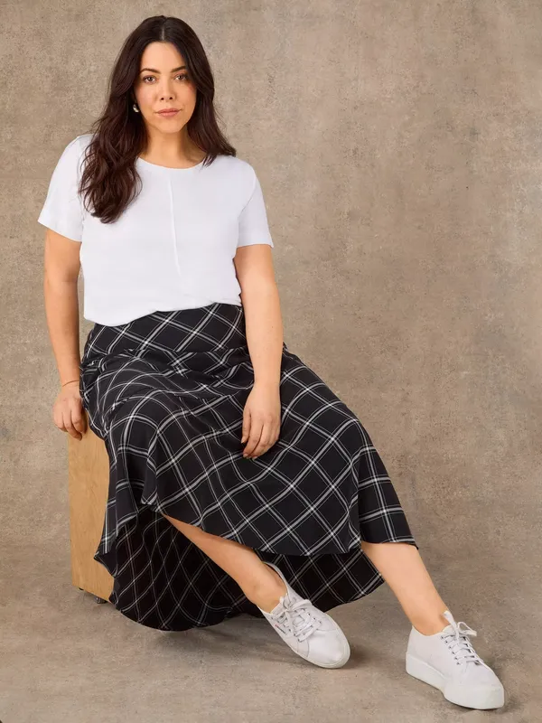 Live Unlimited Check Bias Cut Maxi Skirt, Black