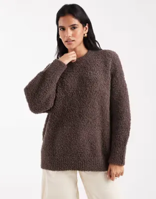 oversized boucle jumper with curved hem in chocolate