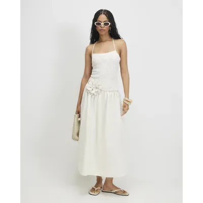 Cream Sleeveless Lace Hybrid Midi Dress
