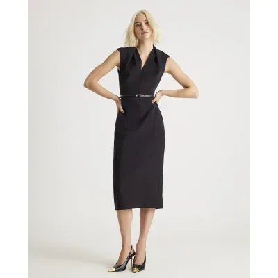 Black v neck belted midi dress