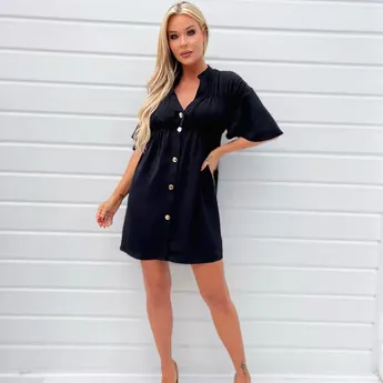 AX Paris Button Up Ruched Detail Smock V-Neck Dress