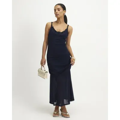 Petite Navy Lace Trim Drape Midi Dress