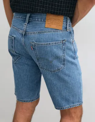 405 standard striped denim shorts in mid blue