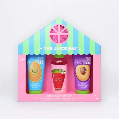 The Juice Box Bodywash Body Lotion and Hand Cream Gift Set with Bath Puff