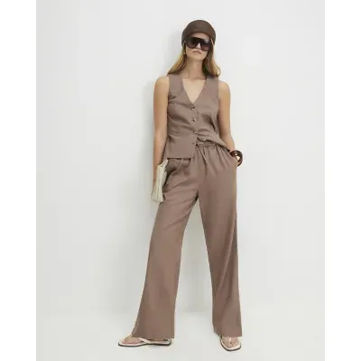 Beige Linen Blend Drawstring Tapered Trousers