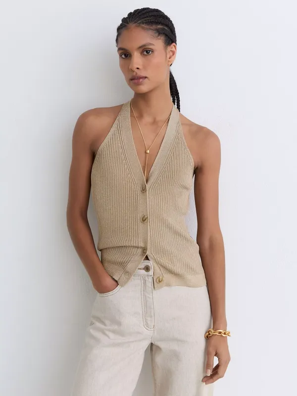 Reiss Lilana Metallic Halterneck Waistcoat, Gold