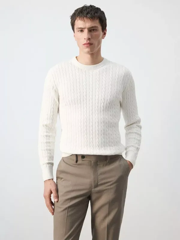 Mango Textured Fine Cable Knit Cotton Jumper, Off White