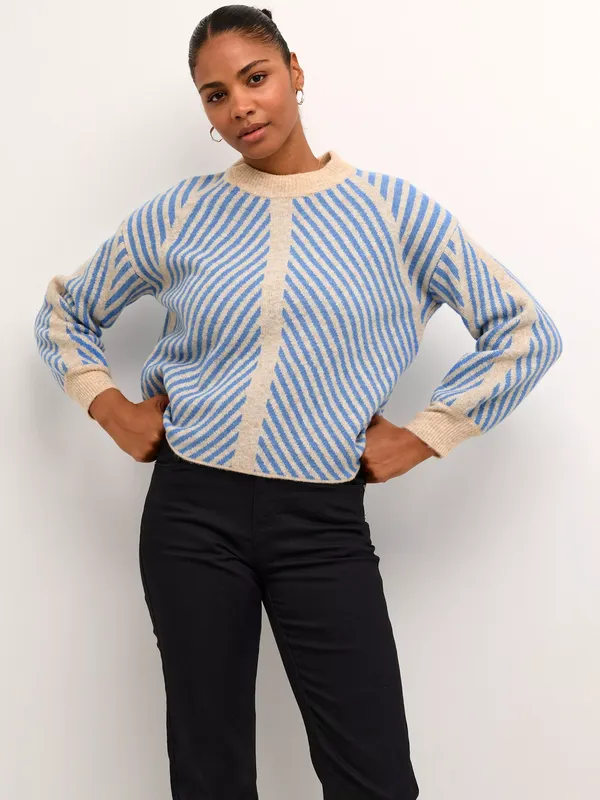 KAFFE Vera Chevron Stripe Wool Blend Jumper, Beige/Cornflower