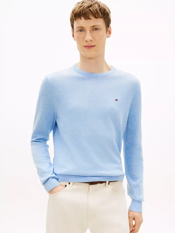 Tommy Hilfiger Combed Cotton Embroidered Flag Crew Neck Jumper, Light Blue