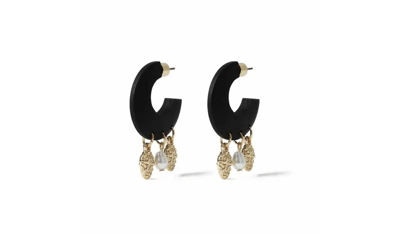 Freedom Gold-tone Charms and Pearl Black Thick Hoop Earrings