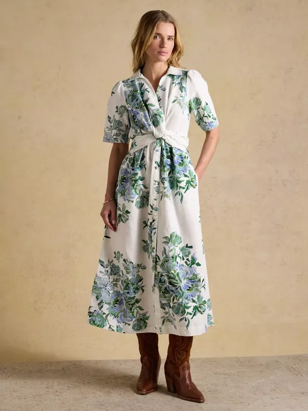 Joules Floral Knit Front Linen Rich Midi Dress, White/Blue