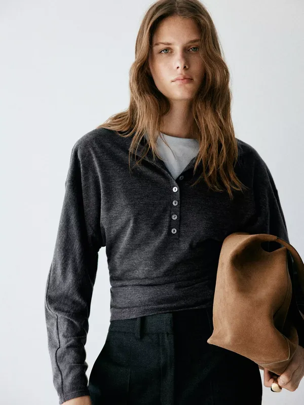 Mango Henley Long Sleeve Top, Grey