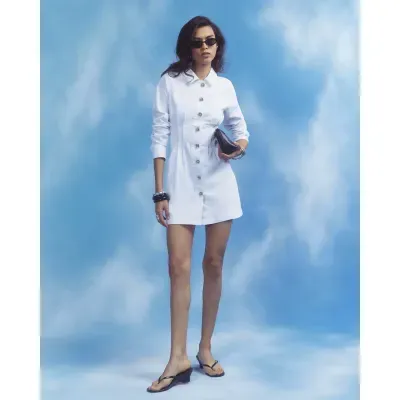 White Cinched Waist Denim Dress