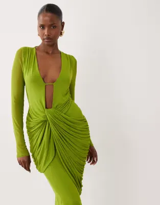 mesh deep plunge long sleeve dress with draping in green
