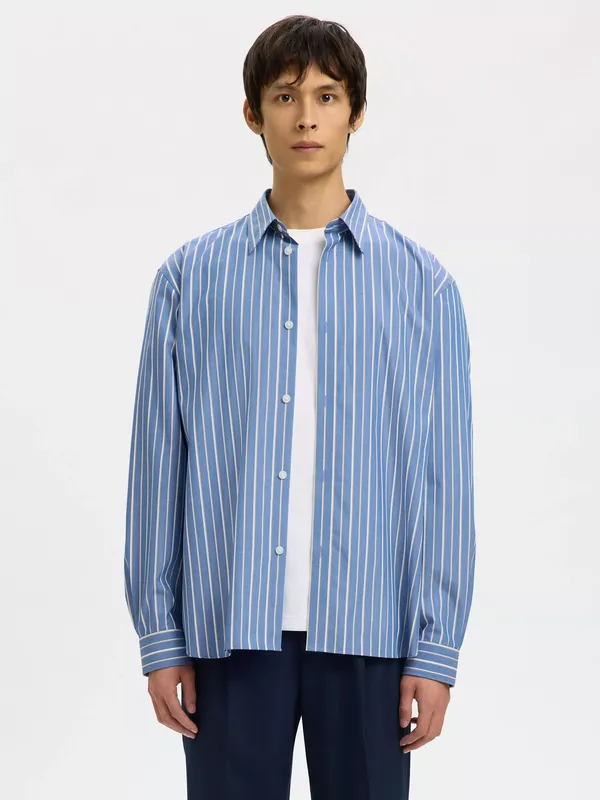 Selected Cotton Relaxed Fit Poplin Stripe Shirt, Medieval Blue Multi