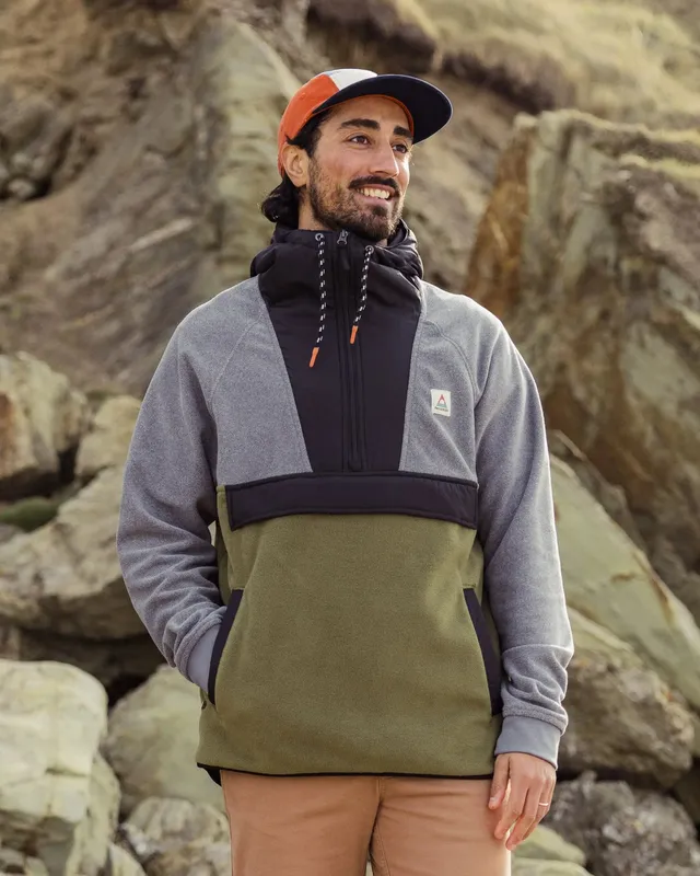 Passenger Clothing Woodland Hooded 1/2 Zip Polar Fleece - Grey Marl/Khaki