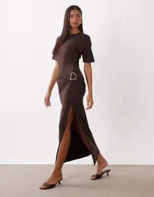 wrap waist hardware detail maxi dress in chocolate