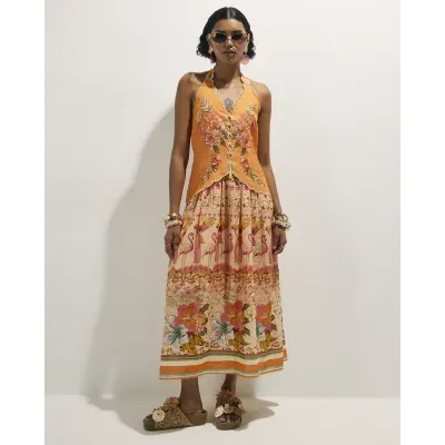 Orange Cotton Floral Print Peplum Maxi Dress