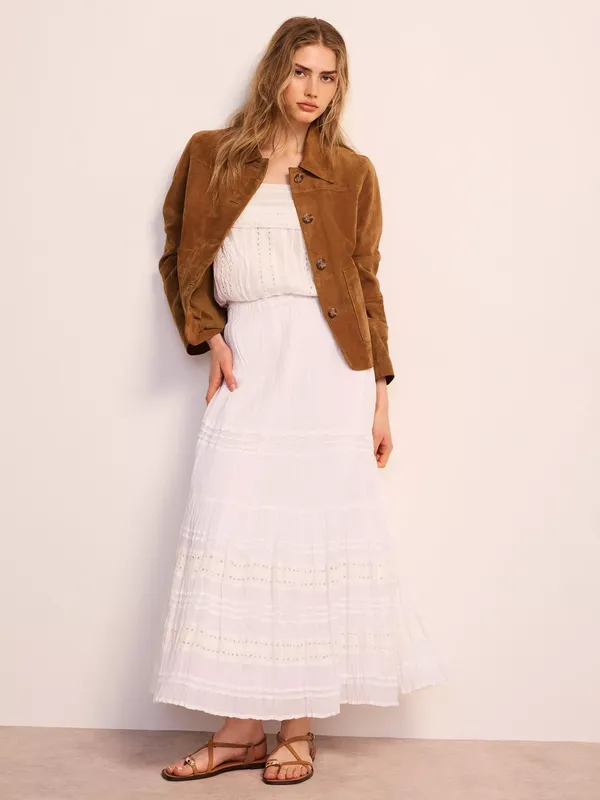 Mint Velvet Broderie Tiered Maxi Skirt, White Ivory