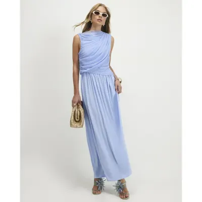 Blue Sleeveless Drape Maxi Dress