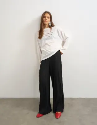 plisse jersey wide leg trouser in black