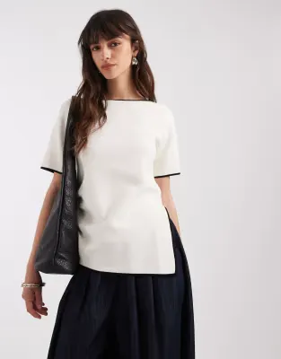 ruched side asymmetric t-shirt in white with black tipping