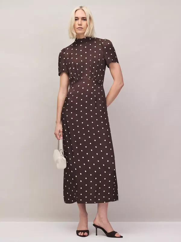 Ro&Zo Polka Dot Puff Sleeve Dress, Brown