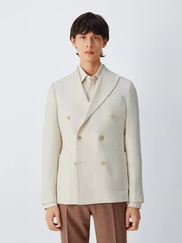 John Lewis Tweed Cotton Linen Blend Double Breasted Blazer, Ecru