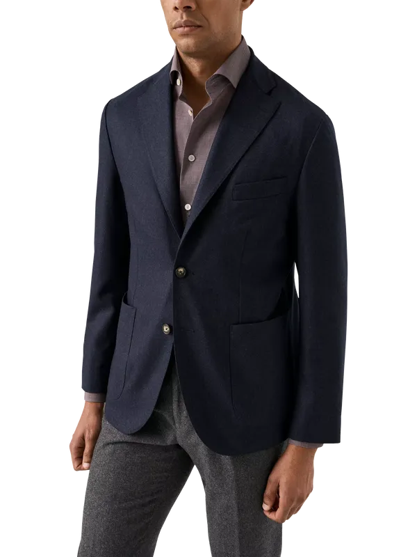 Eton Prince of Wales Check Wool Flannel Soft Jacket, Navy Blue